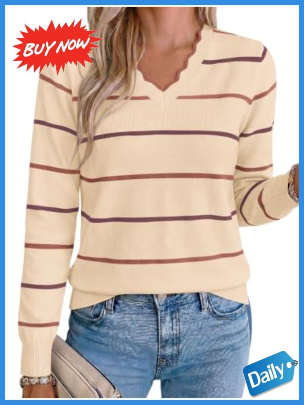 Womens Scalloped V Neck Striped Long Sleeve Pullover Sweater Soft Knit